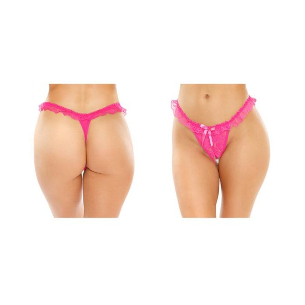 Flora Ruffled Lace Crotchless Pearl Thong Pink S/m