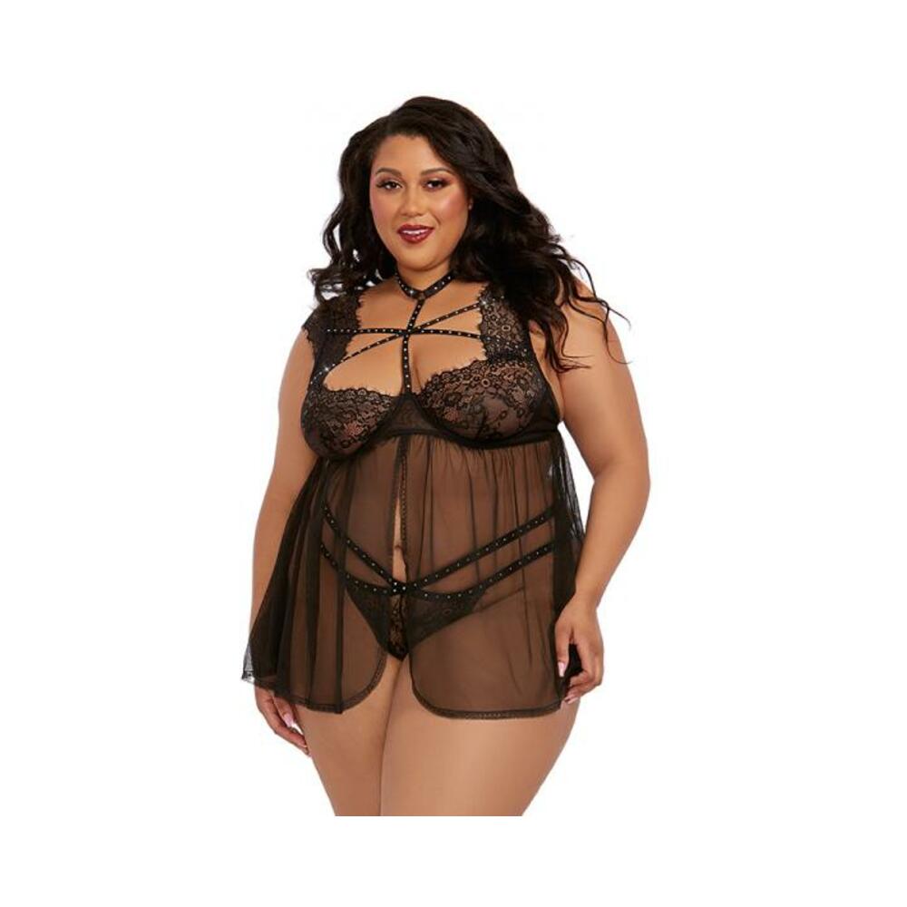 Dreamgirl Plus-size Lace Babydoll With Thong Black 3x Hanging
