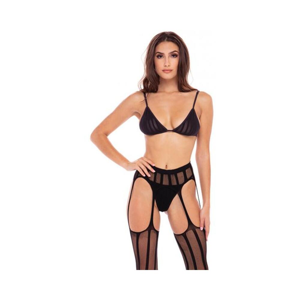 Straight Up 3-piece Sheer Striped Bra, Thong, And Garter Set Black S/m