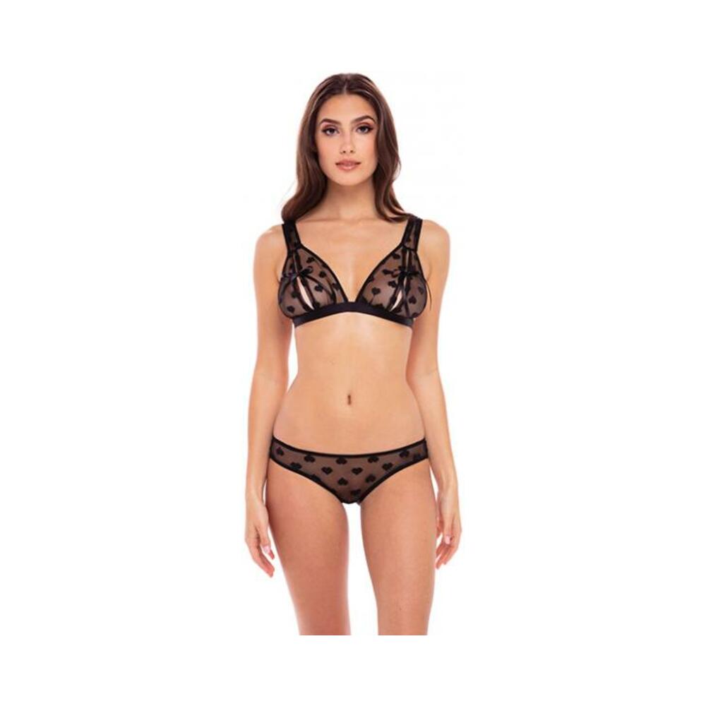 Rene Rofe Naughty Knickers Heart Mesh Peek A Boo Bra &amp; Panties Black S/m