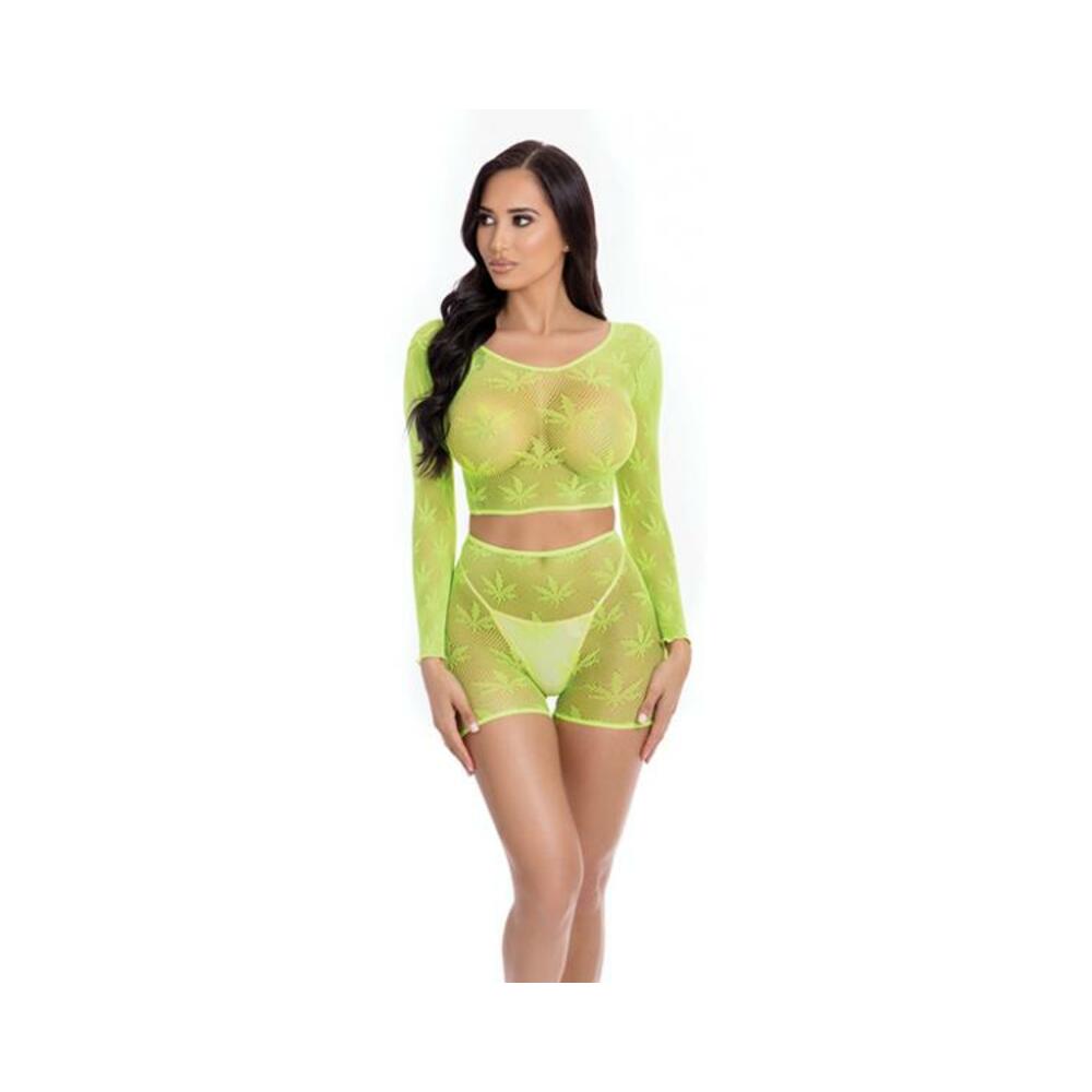 Pink Lipstick Leaf It To Me Long Sleeve Crop Top &amp; Short Green O/s