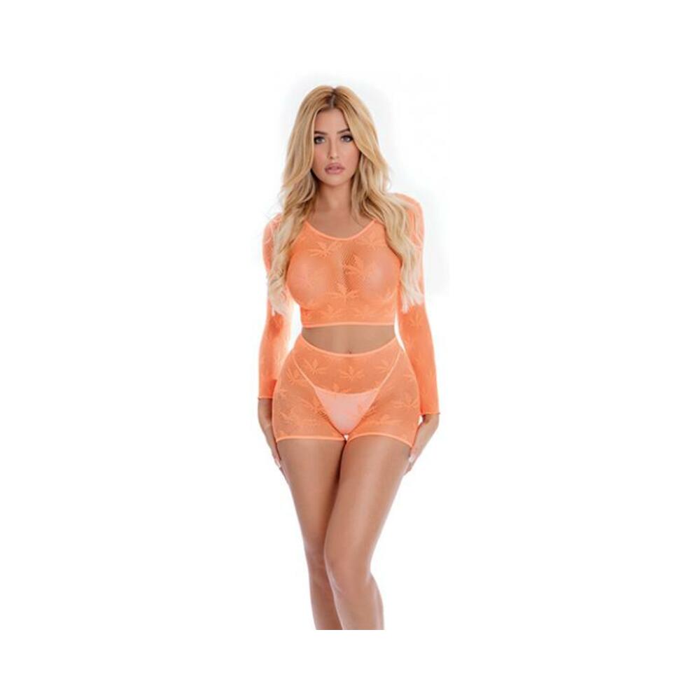 Pink Lipstick Leaf It To Me Long Sleeve Crop Top &amp; Short Orange O/s