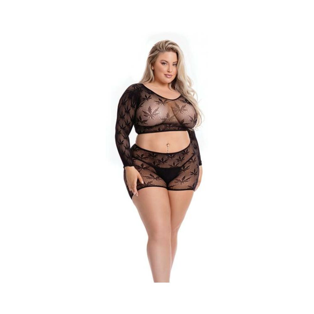Pink Lipstick Leaf It To Me Long Sleeve Crop Top &amp; Short Black Qn