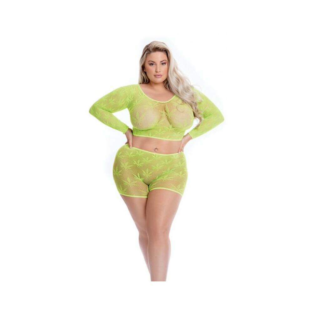 Pink Lipstick Leaf It To Me Long Sleeve Crop Top &amp; Short Green Qn