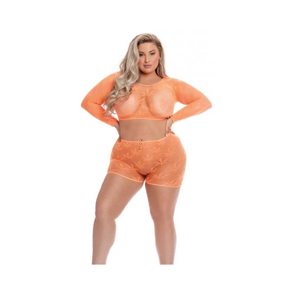 Pink Lipstick Leaf It To Me Long Sleeve Crop Top &amp; Short Orange Qn