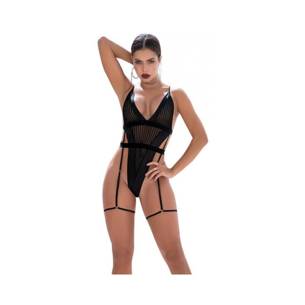 Shadow Panel Bodysuit W/hook &amp; Eye Crotch Closure &amp; Attached Garters Black M/l