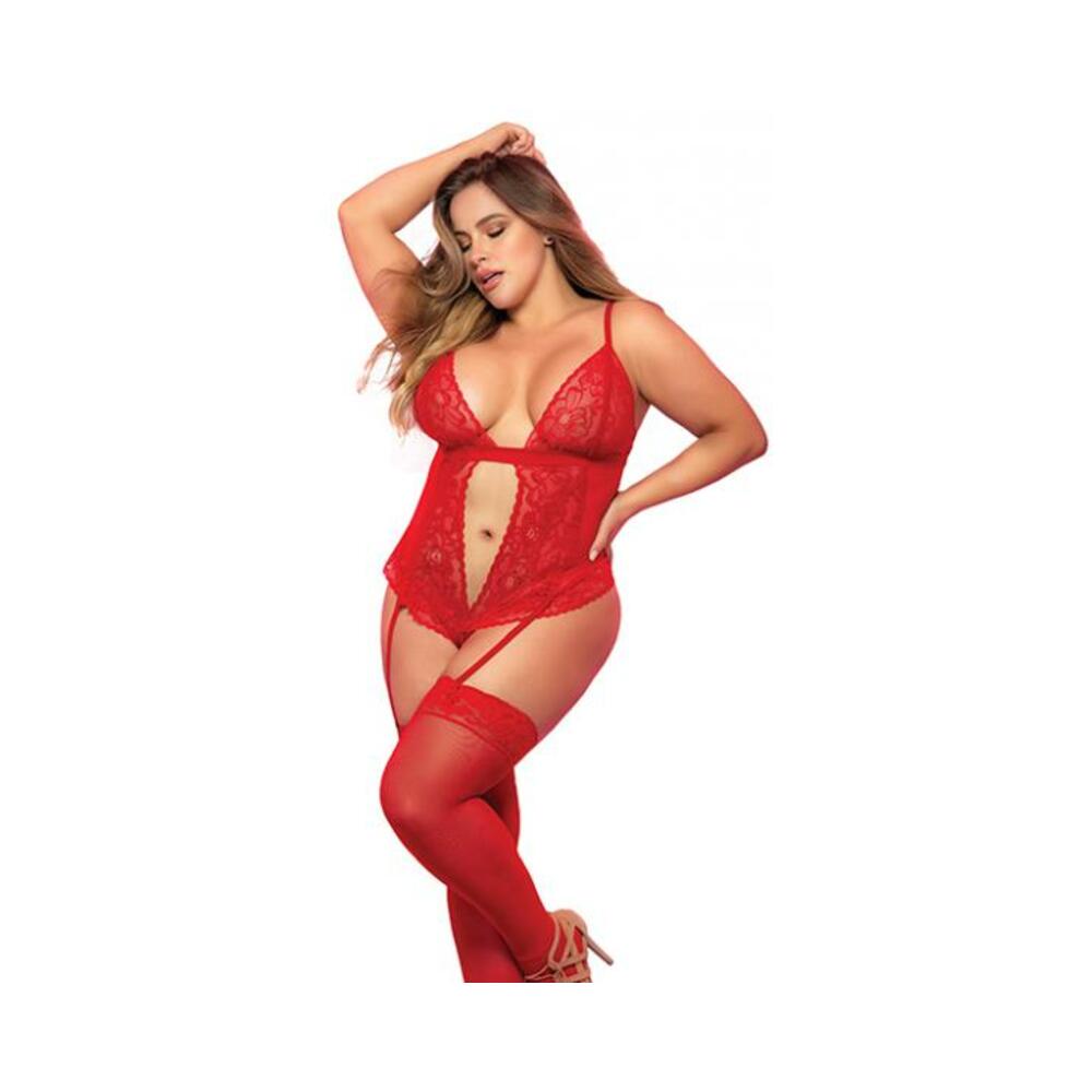 Lace &amp; Mesh Teddy W/hook &amp; Eye Crotch Closure W/attached Garter Straps Red 2x/3x