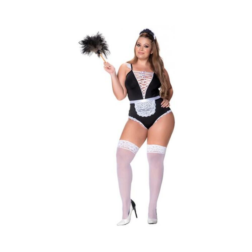 3 Pc French Maid Bodysuit, Apron &amp; Head Piece Black/white 2x/3x