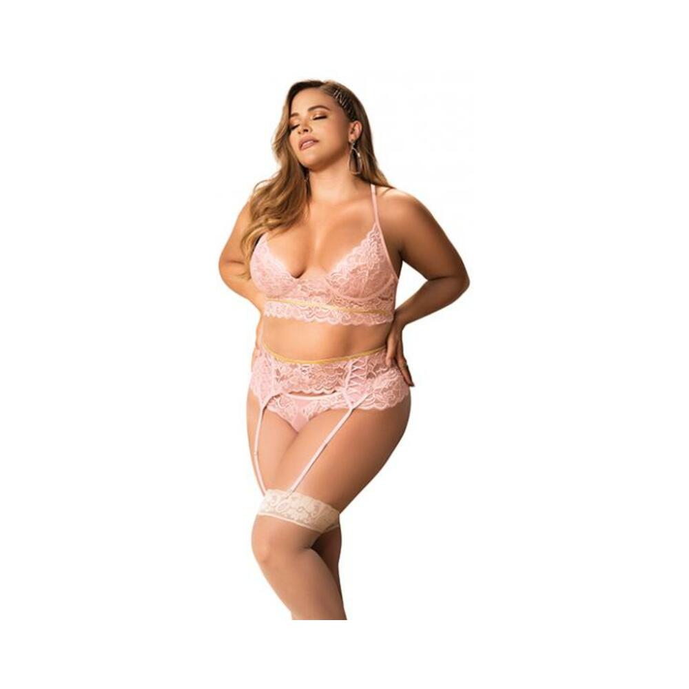 Lace Underwire Bra, Thong &amp; Garterbelt W/lace Up Detail Rose 1x/2x