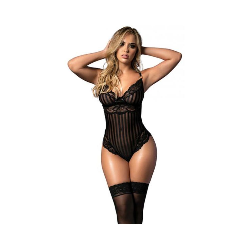 Shadow Stripe &amp; Lace Teddy W/hook &amp; Eye Closure Black Md