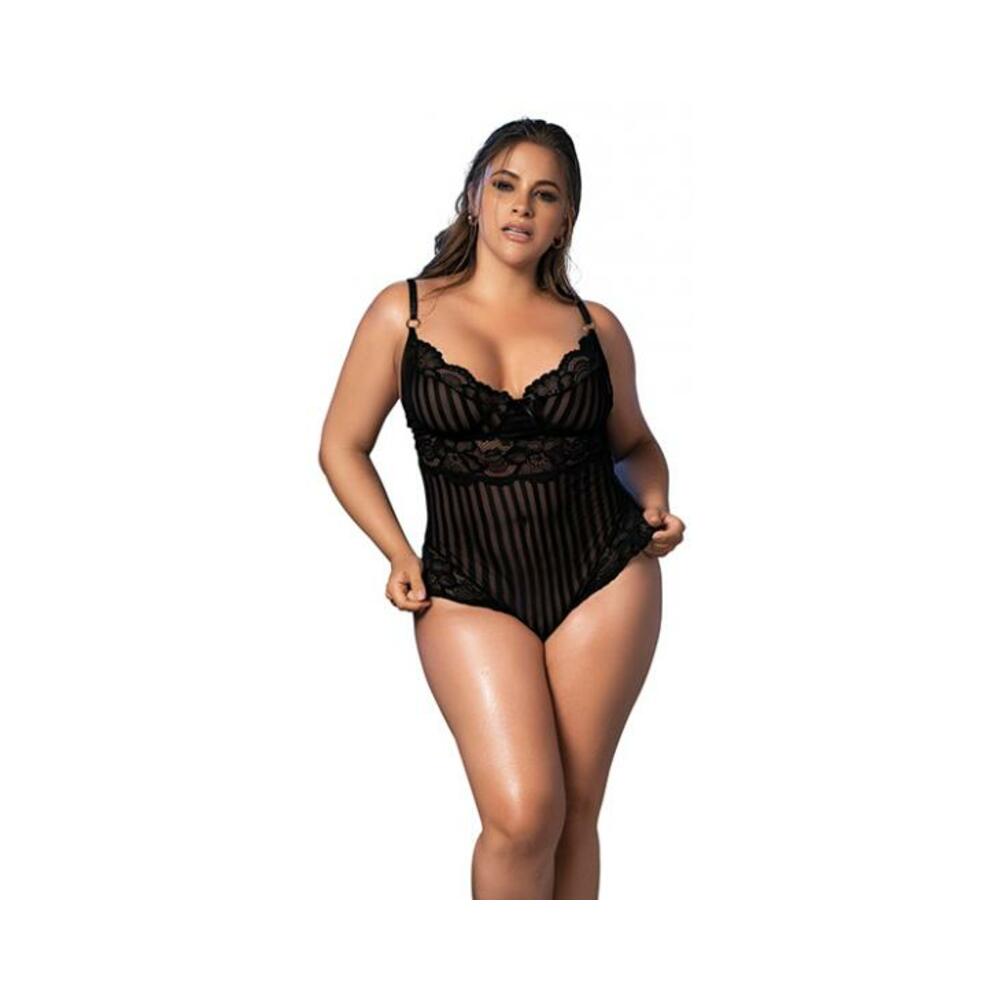 Shadow Stripe &amp; Lace Teddy W/hook &amp; Eye Closure Black 1x/2x