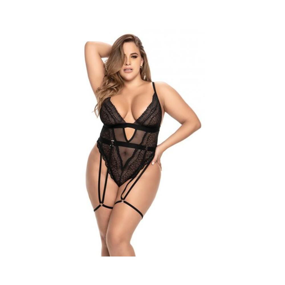Sheer Mesh &amp; Animal Pattern Lace Teddy W/garter Belt &amp; Adjustable Crotch Closure Black 1x/2x