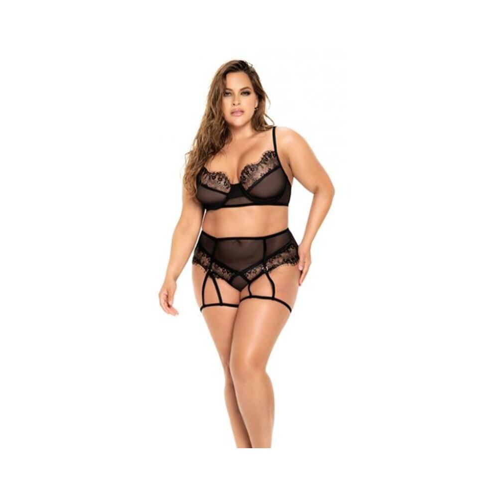 Underwire Mesh &amp; Lace Top W/bottom &amp; Attachable Garters Black 3x/4x