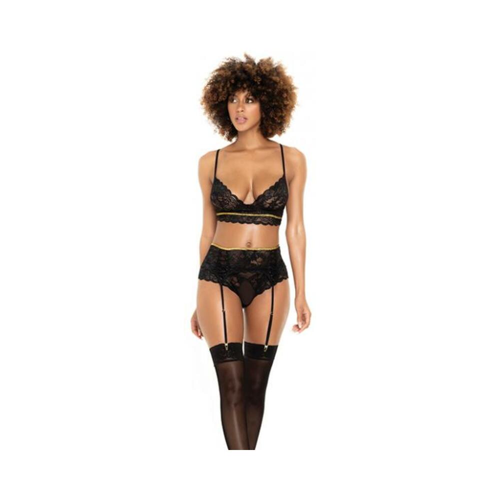 Lace Underwire Bra, Thong &amp; Garterbelt W/lace Up Detail Black S/m