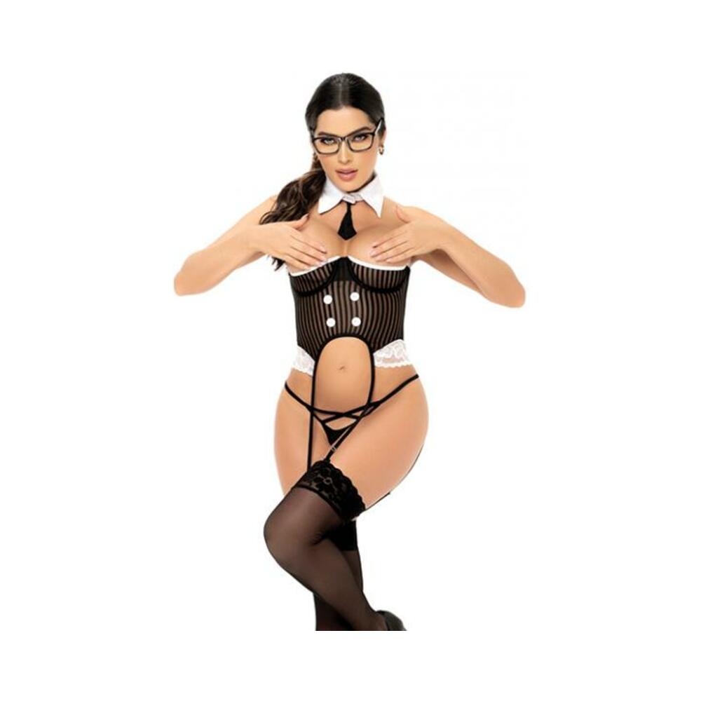3 Pc Ceo Open Cup Bodysuit W/attached Garterstraps, Bottom &amp; Collar W/tie Blk/wht Xl