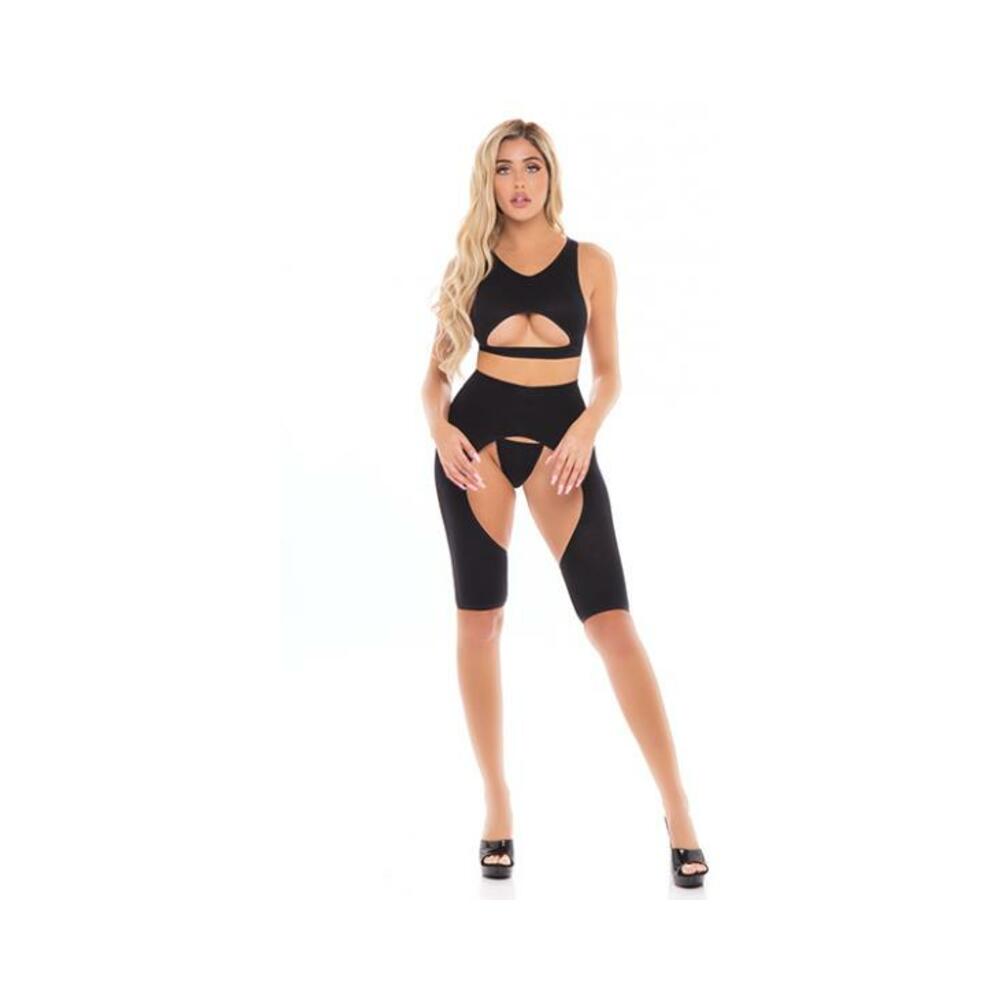 Pink Lipstick Leg Up Chap Style Short, Bra &amp; G-string Black O/s