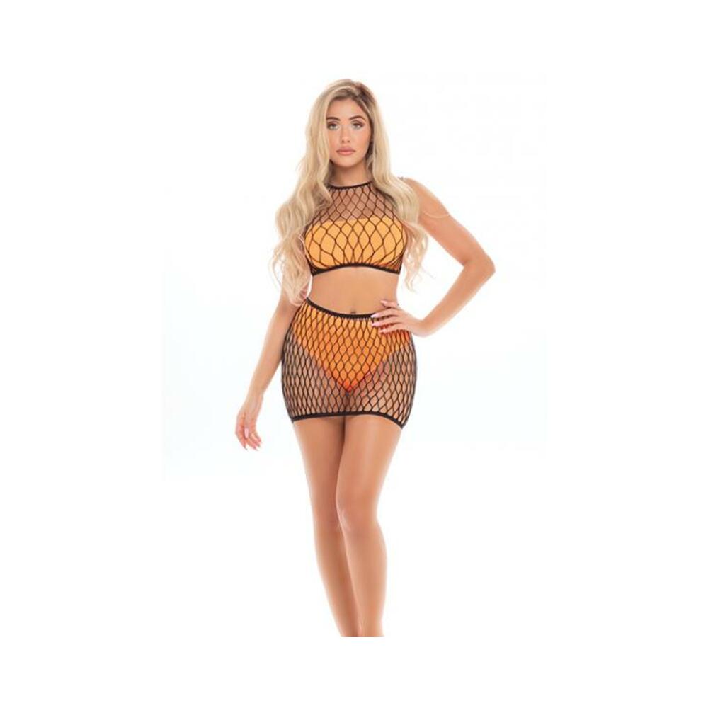 Pink Lipstick Crave You Large Fishnet Cami Top &amp; Skirt, Bandeau Top &amp; Panty Neon Orange O/s
