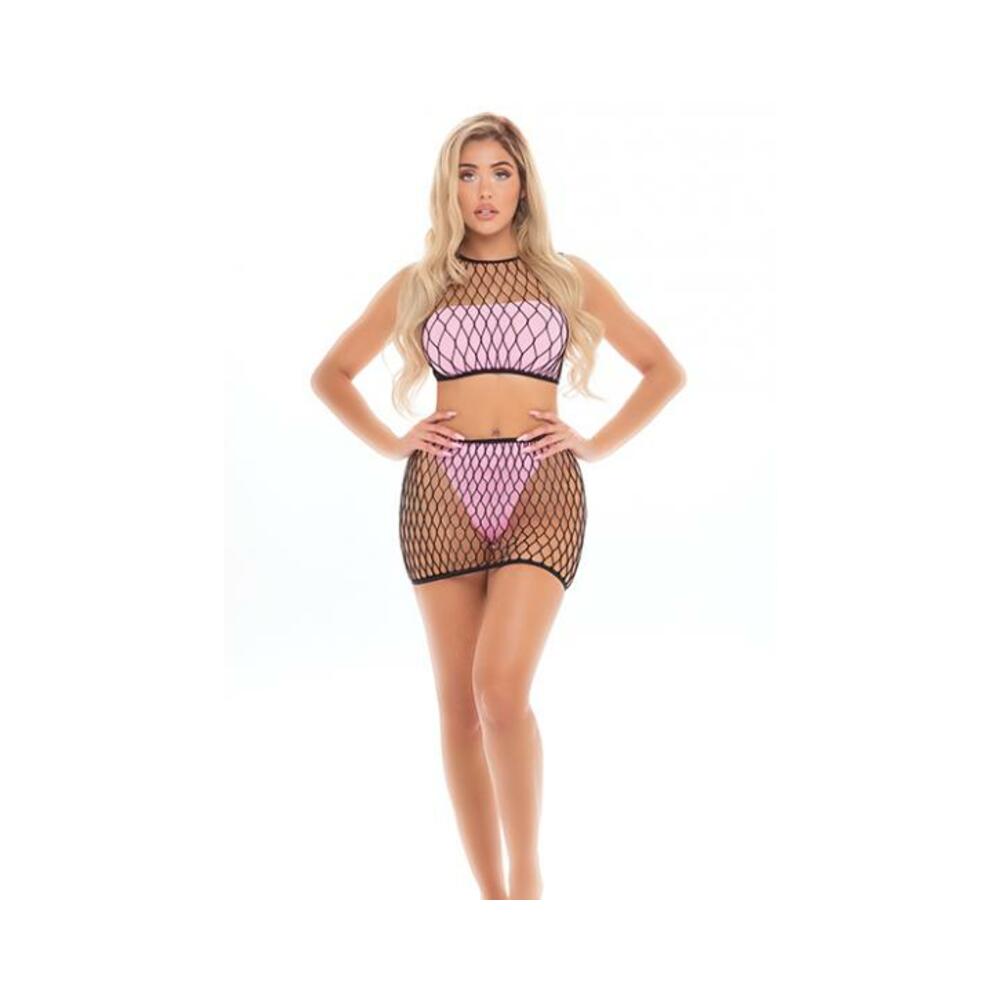 Pink Lipstick Crave You Large Fishnet Cami Top &amp; Skirt, Bandeau Top &amp; Panty Pink O/s