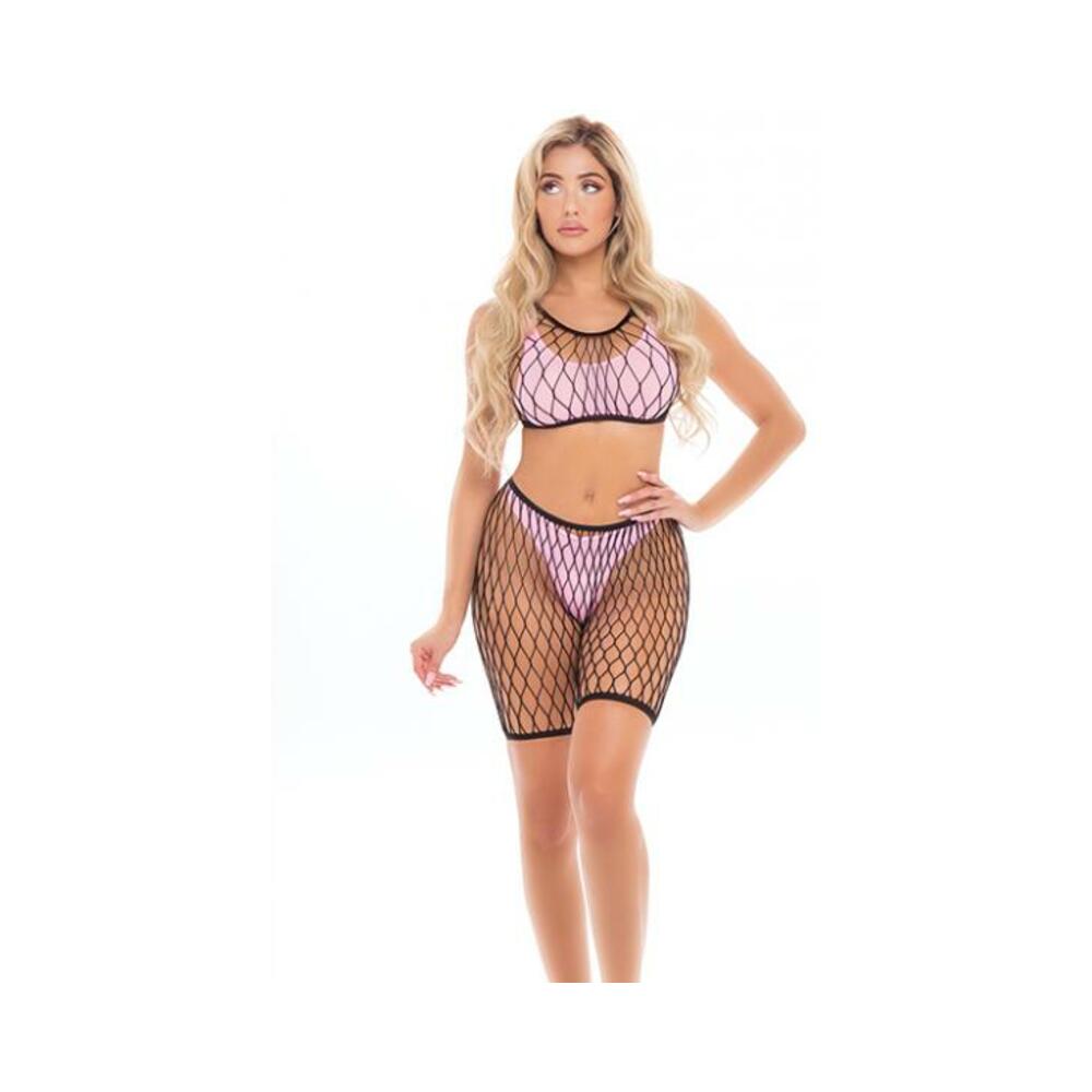 Pink Lipstick Brace For Impact Large Fishnet Top, Shorts, Bra &amp; Thong Pink O/s