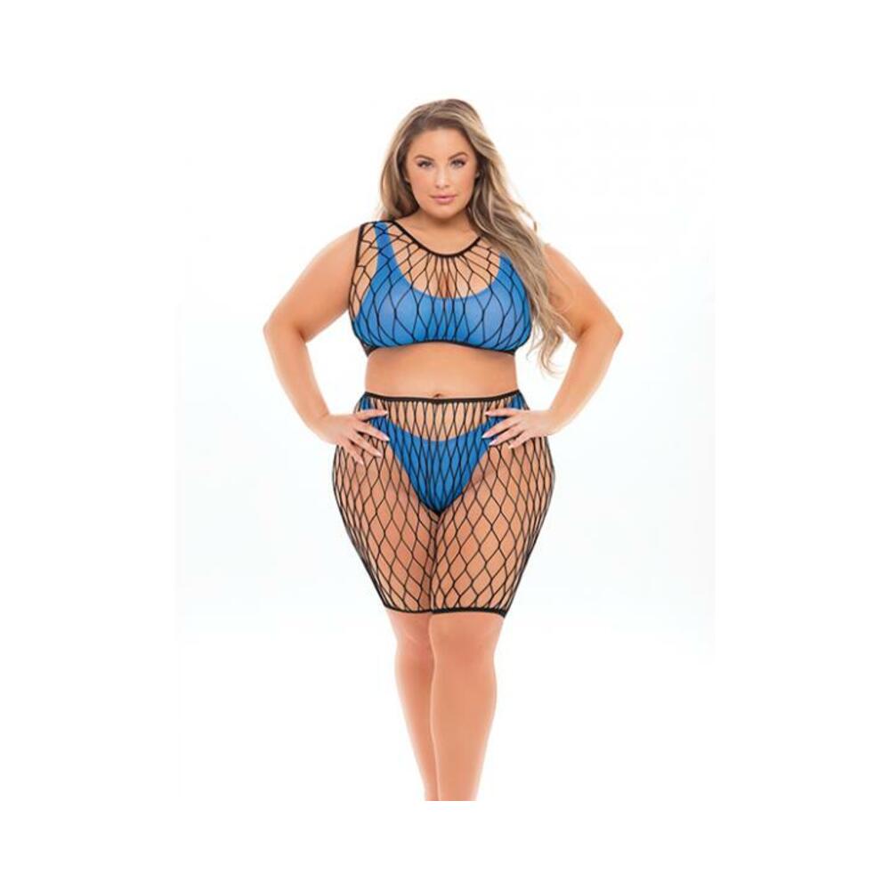 Pink Lipstick Brace For Impact Large Fishnet Top, Shorts, Bra &amp; Thong (fits Up To 3x) Neon Blue Qn