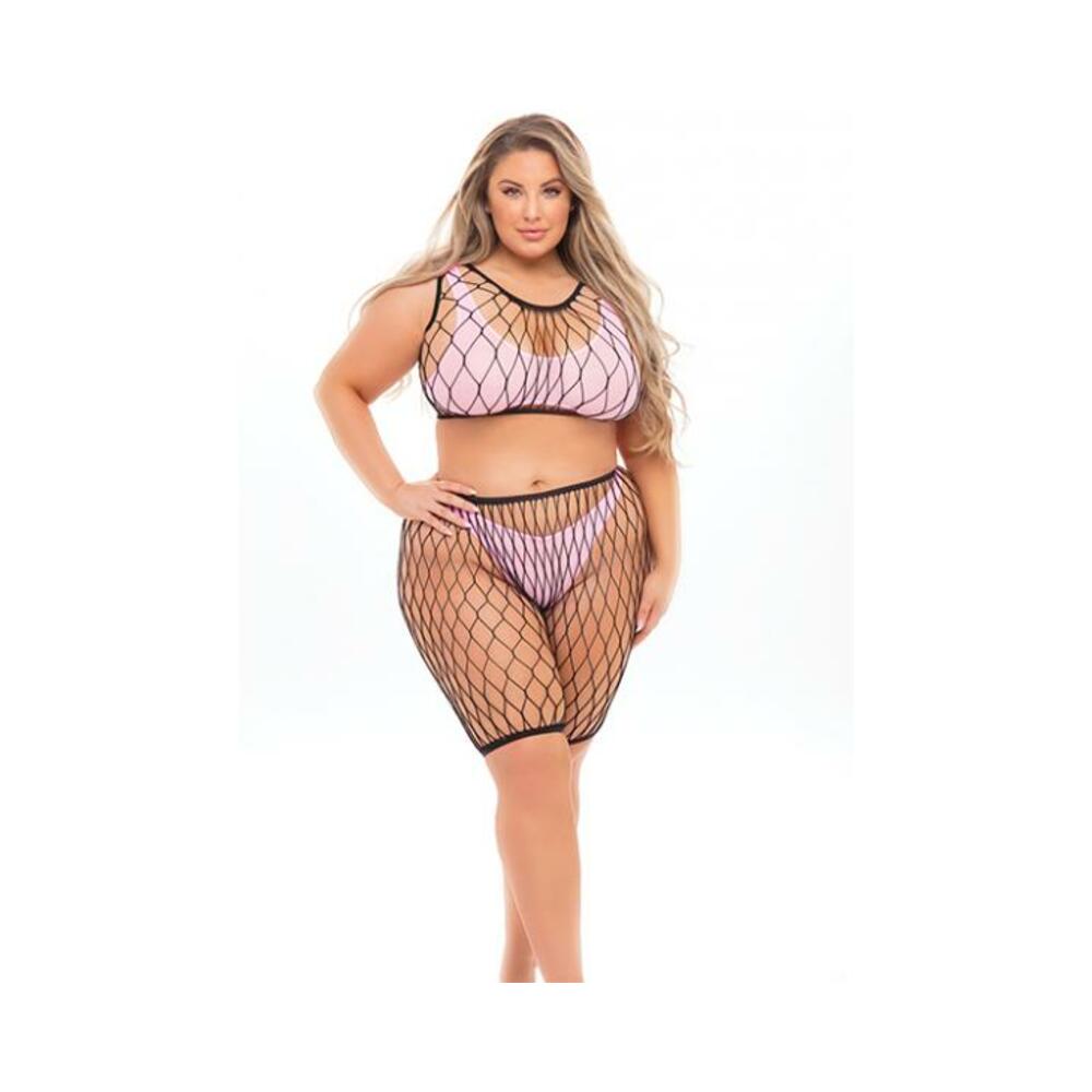 Pink Lipstick Brace For Impact Large Fishnet Top, Shorts, Bra &amp; Thong (fits Up To 3x) Pink Qn