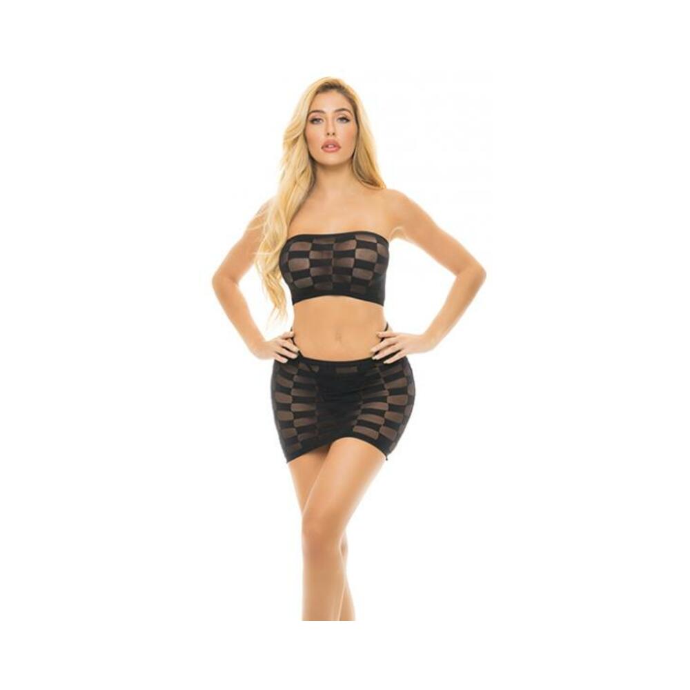 Pink Lipstick Checkered Up Bandeau Bra &amp; Skirt Black O/s