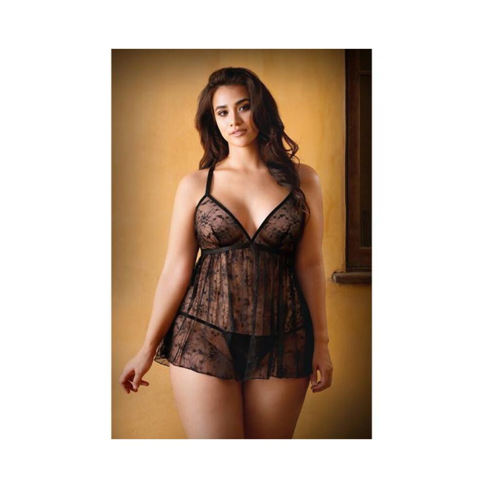 Curve Elena Lace Babydoll With Criss Cross Back Detail And Matching Panty 3x/4x Black