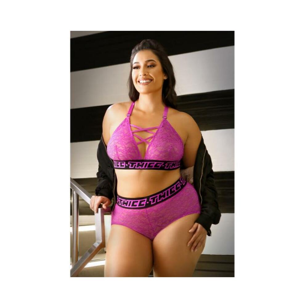 Vibes Thicc Lace Bralette With Criss-cross Neckline &amp; Booty Short Qs Hot Pink