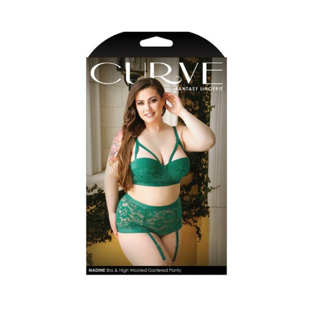 Curve Nadine Longline Contour Cup Bra &amp; High Waist Panty With Removable Garters Emerald 1x/2x