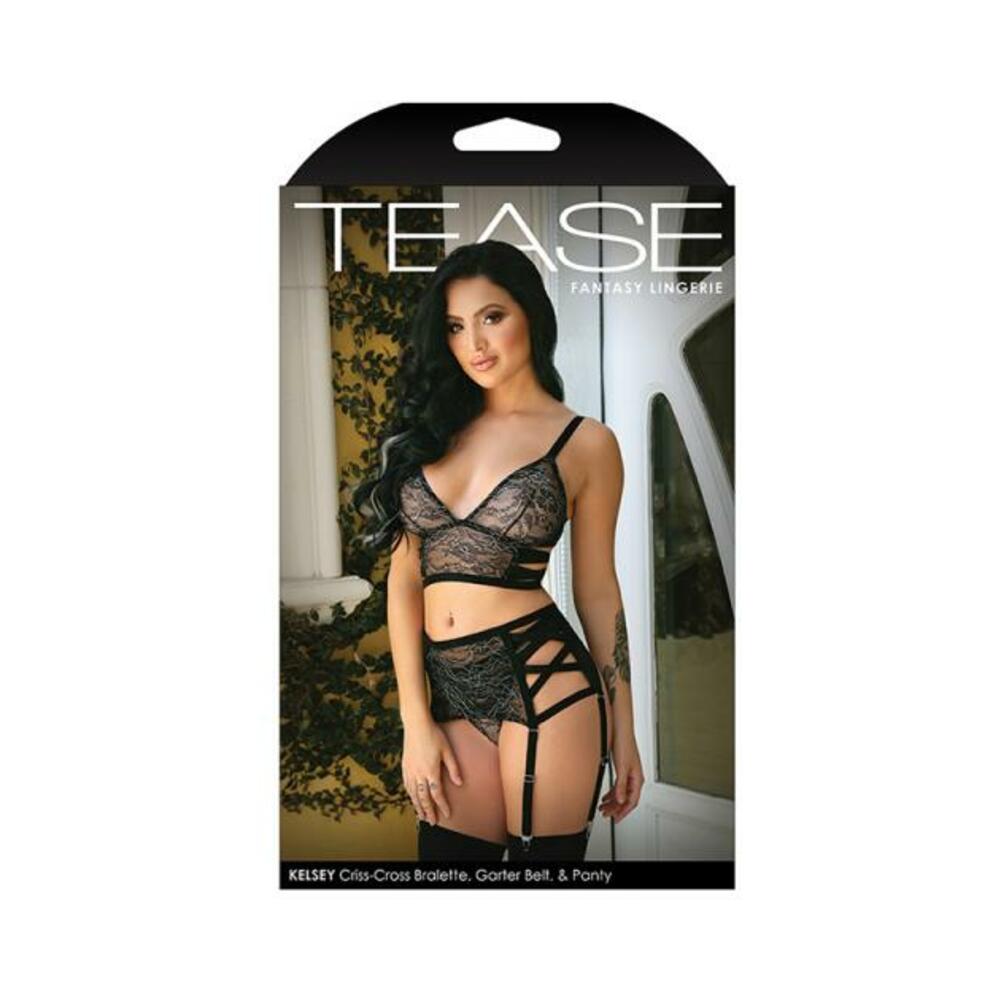 Tease Kelsey Criss-cross Metallic Lace Bralette, Garter Belt, &amp; Panty Black L/xl