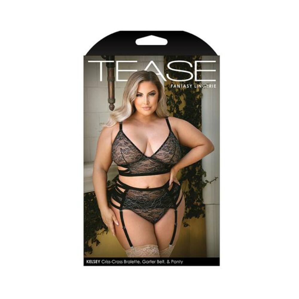 Tease Kelsey Criss-cross Metallic Lace Bralette, Garter Belt, &amp; Panty Black 3x/4x