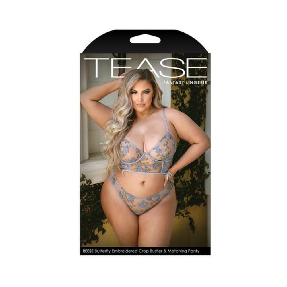 Tease Reese Butterfly Embroidered Mesh Bustier Top With Ribbon Lace-up Detail &amp; Matching Panty With