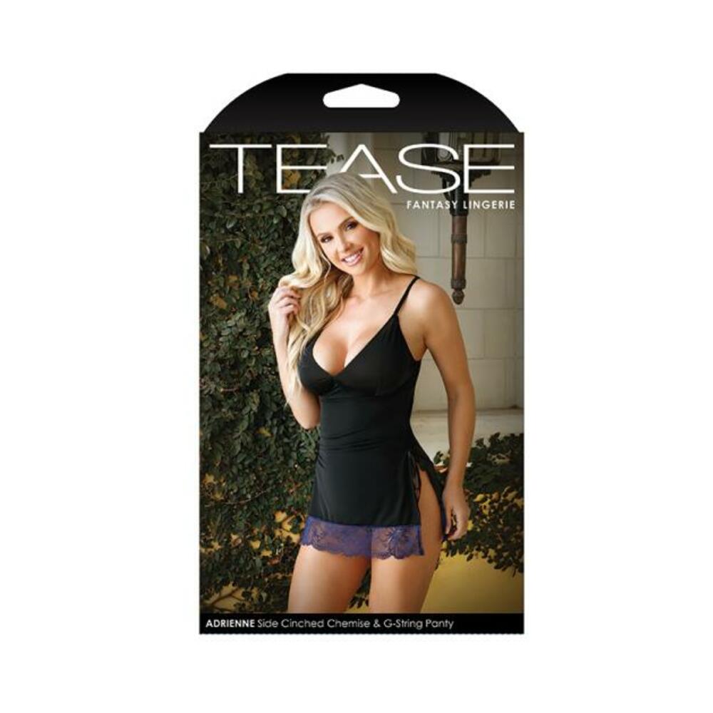Tease Adrienne Side-cinched Microfiber Chemise With Floral Lace Trim &amp; G-string Panty Black L/xl