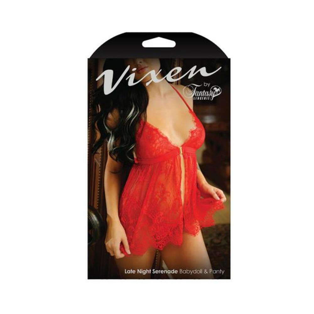 Vixen Late Night Serenade Front Clasp Lace Babydoll &amp; Crotchless G-string Panty Red O/s