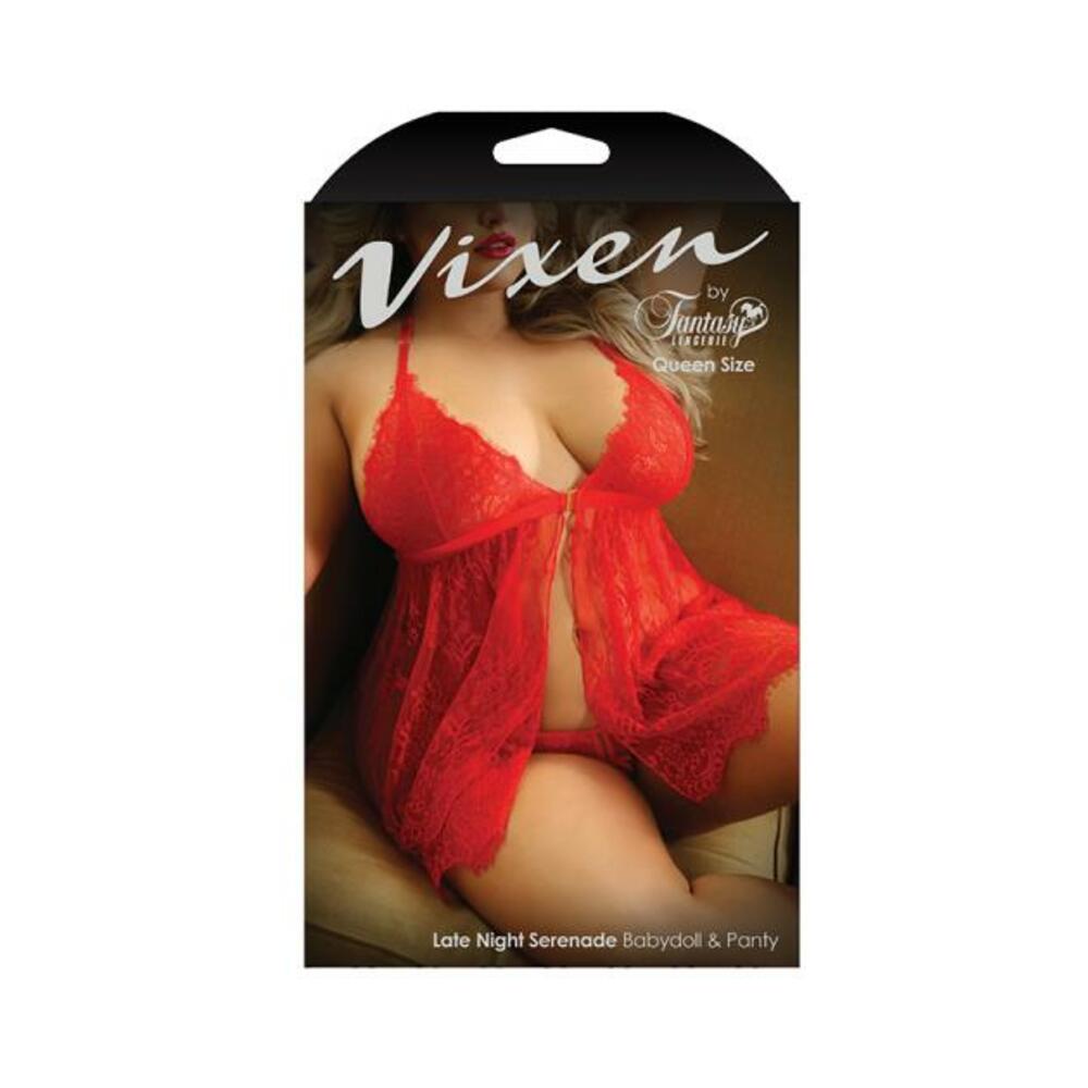 Vixen Late Night Serenade Front Clasp Lace Babydoll &amp; Crotchless G-string Panty Red Queen