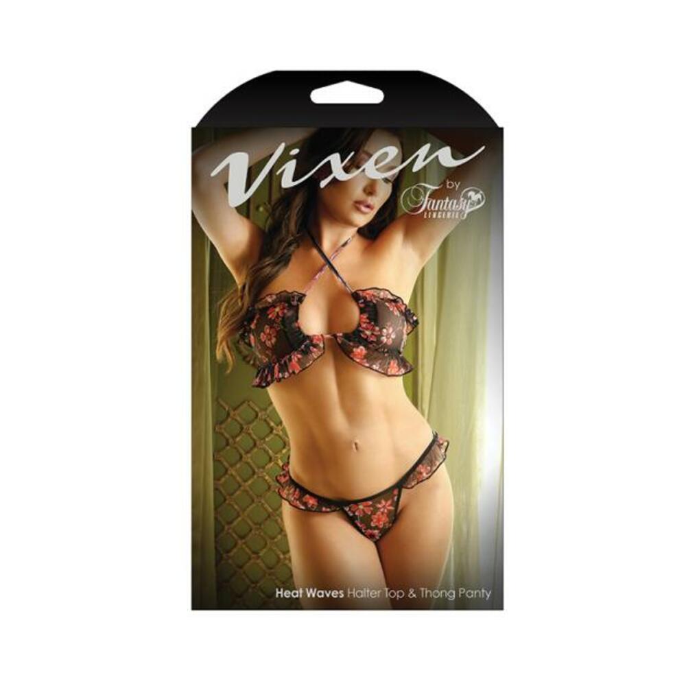 Vixen Heat Waves Floral Print Ruffled Bralette &amp; Matching Thong Panty Black L/xl