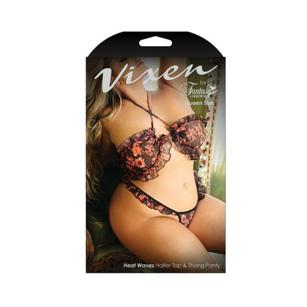 Vixen Heat Waves Floral Print Ruffled Bralette &amp; Matching Thong Panty Black Queen