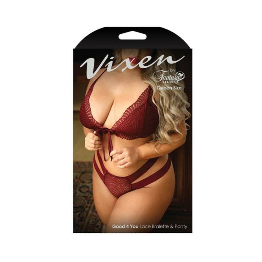 Vixen Good 4 You Lace Triangle Bralette &amp; Matching Panty With Double-strap Waistband Burgundy Queen