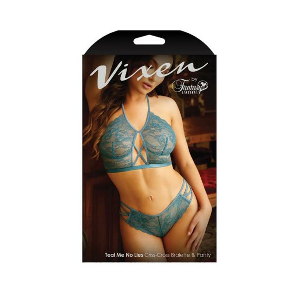 Vixen Teal Me No Lies Criss-cross Lace Halter Bralette &amp; Matching Panty Teal L/xl