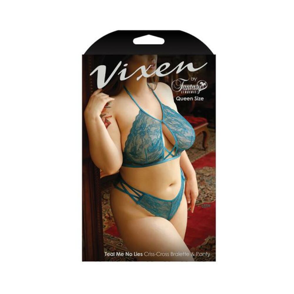 Vixen Teal Me No Lies Criss-cross Lace Halter Bralette &amp; Matching Panty Teal Queen