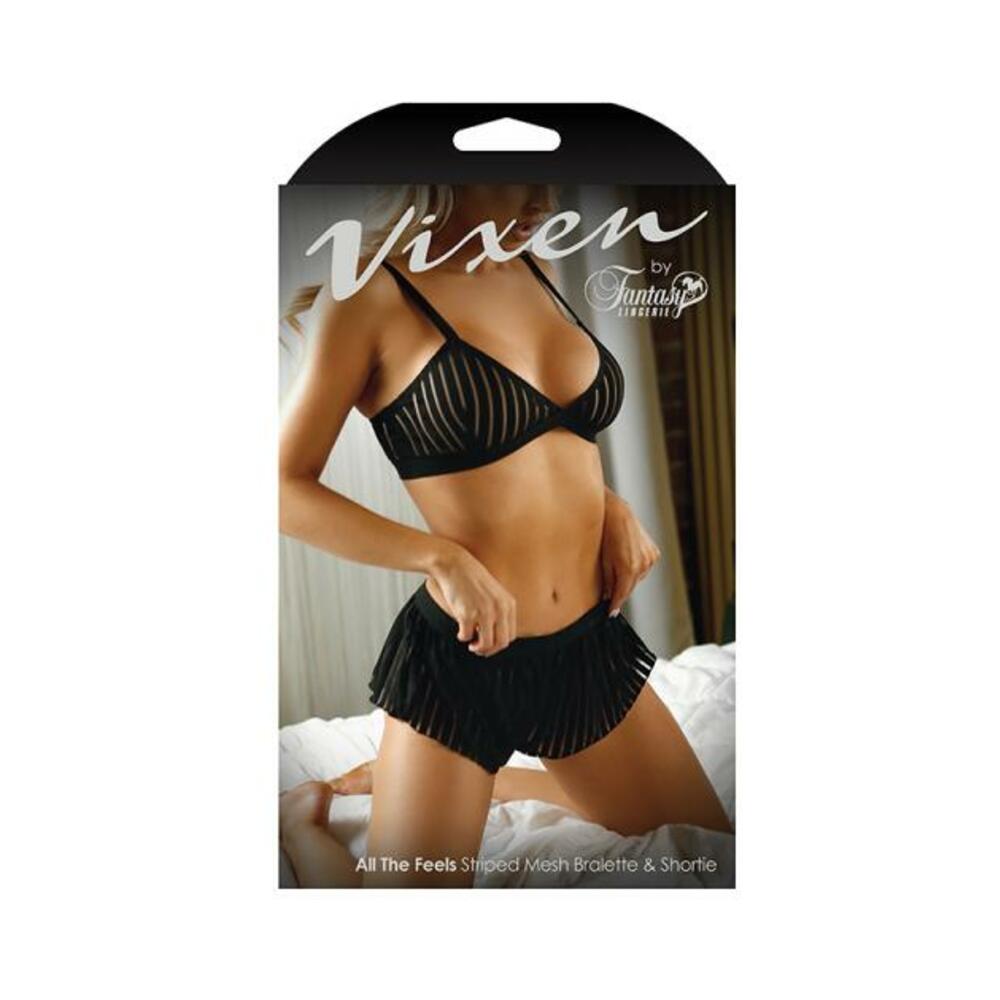 Vixen All The Feels Striped Mesh Bralette &amp; Shorties Black L/xl