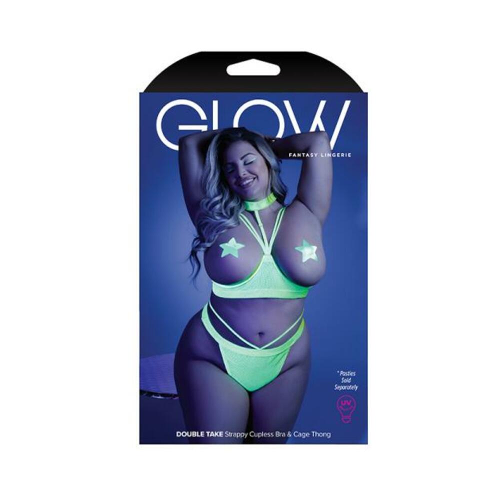 Glow Double Take Strappy Harness Open-shelf Bra &amp; Cage Thong Neon Lemon Qs