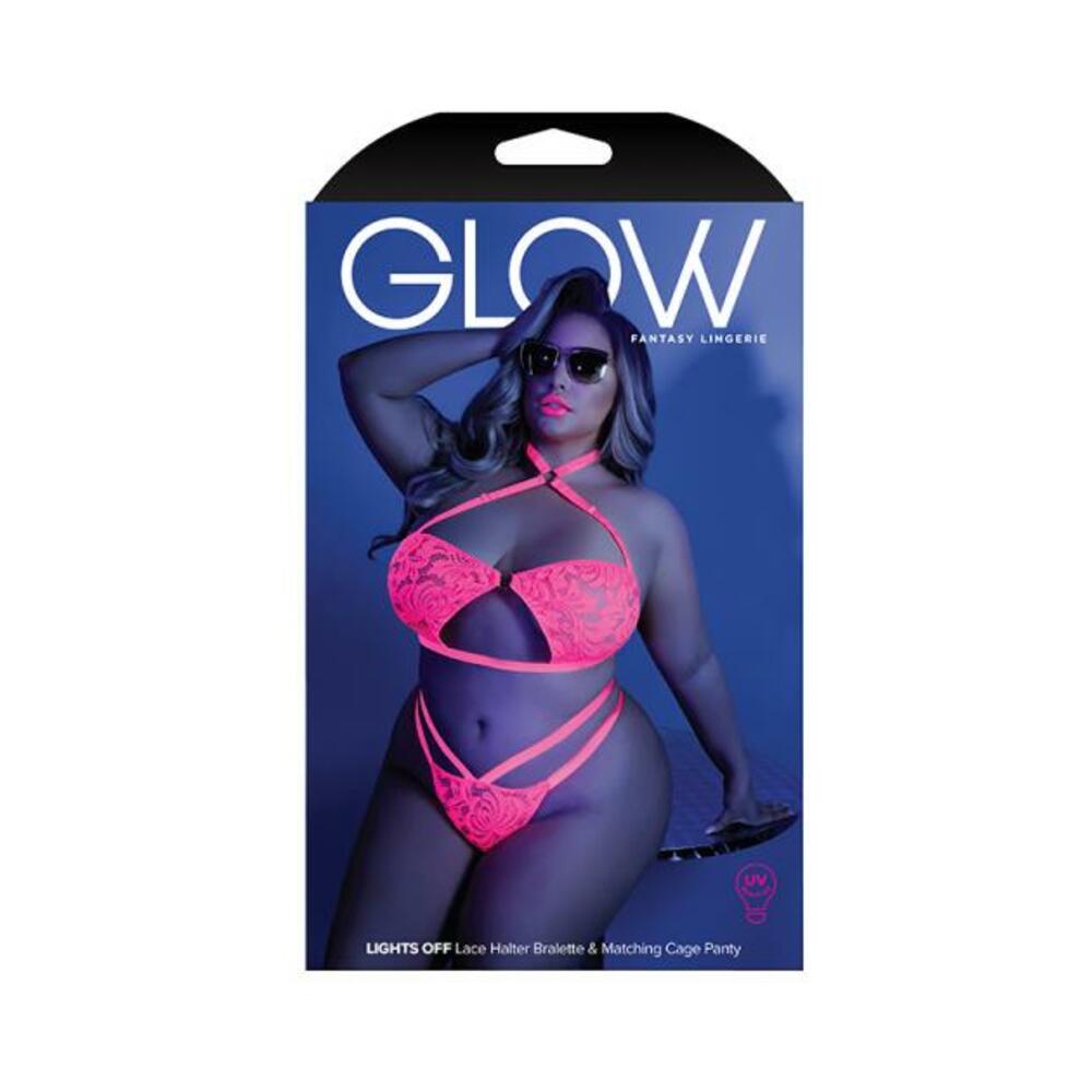 Glow Lights Off Lace Halter Bralette &amp; Cage Panty Neon Pink Qs