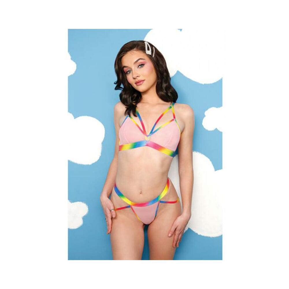 Vibes Make It Rain Caged Bralette &amp; Panty W/booty Rainbow L/xl