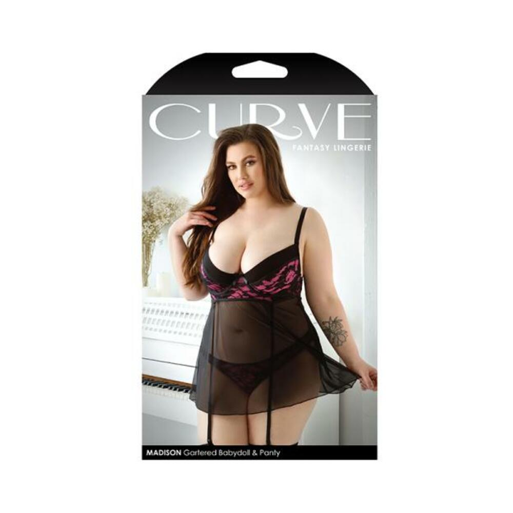 Curve Madison Gartered Lace And Mesh Babydoll With Underwire Cups &amp; Matching Panty 1x/2x Black/pink