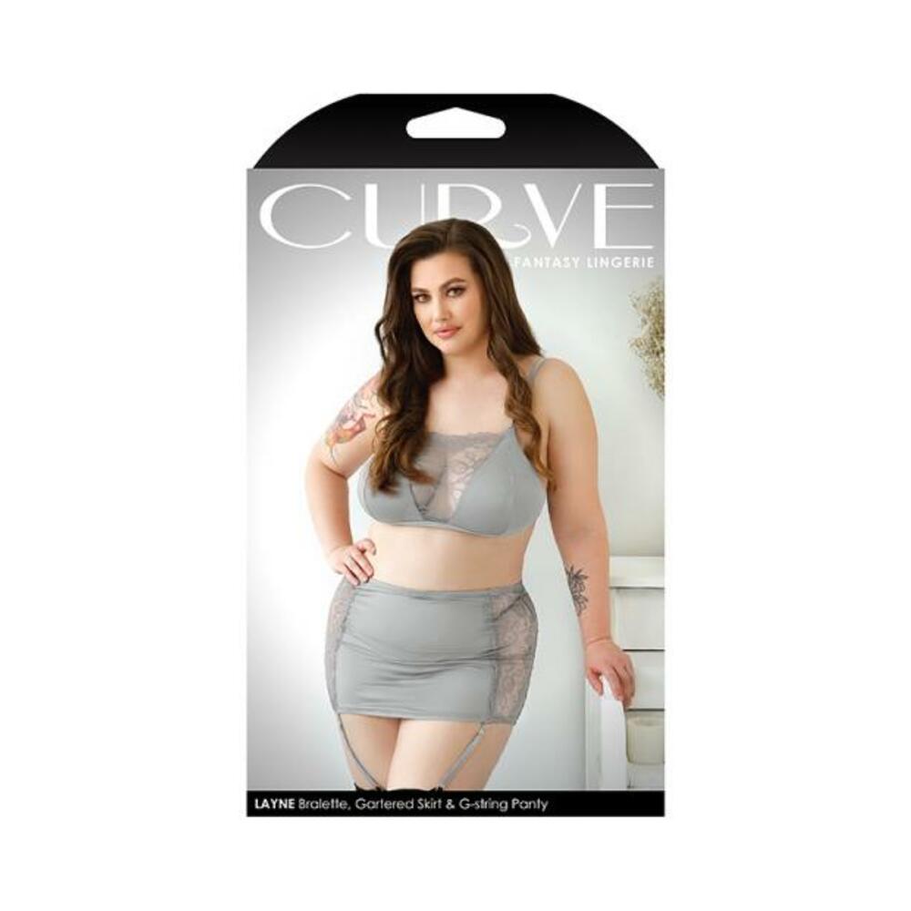Curve Layne Lace Panel Bralette, Matching Gartered Skirt &amp; G-string Panty 1x/2x Gray