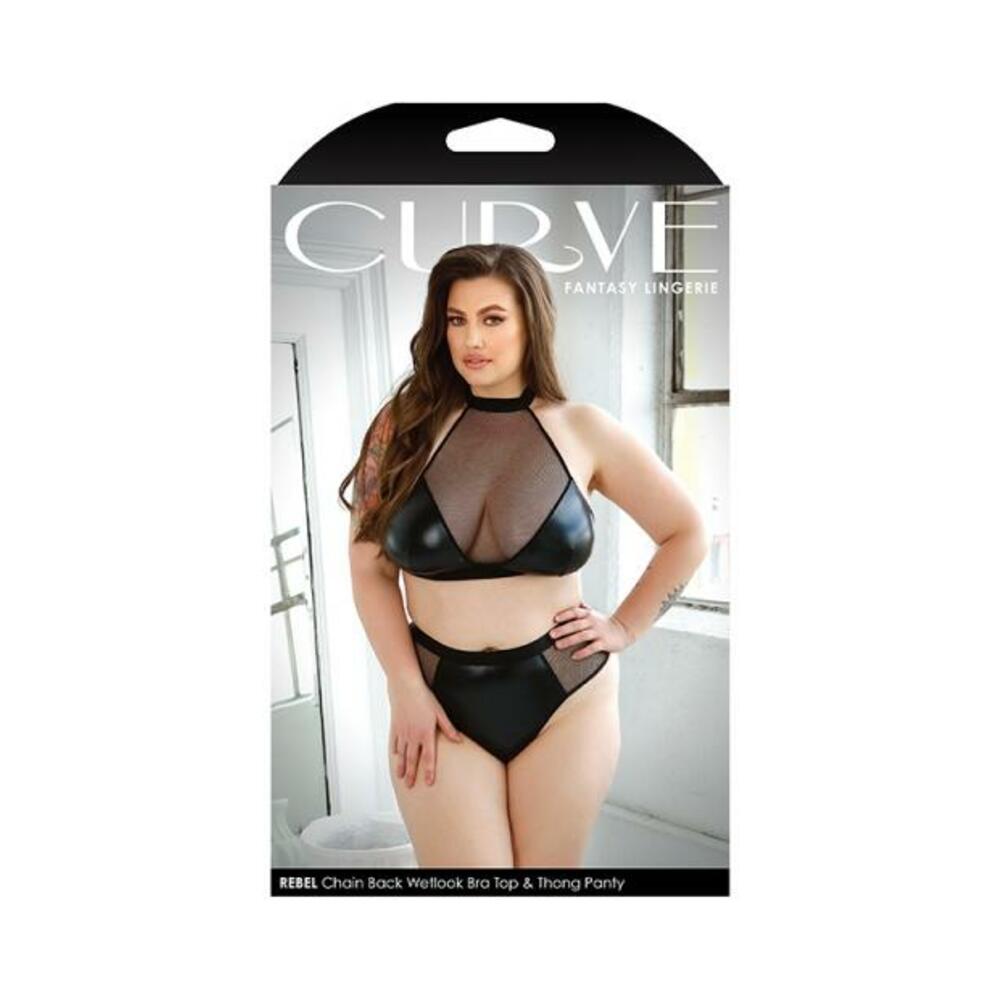 Curve Rebel Chain Back Wetlook Bra Top &amp; Matching Thong Panty 1x/2x Black