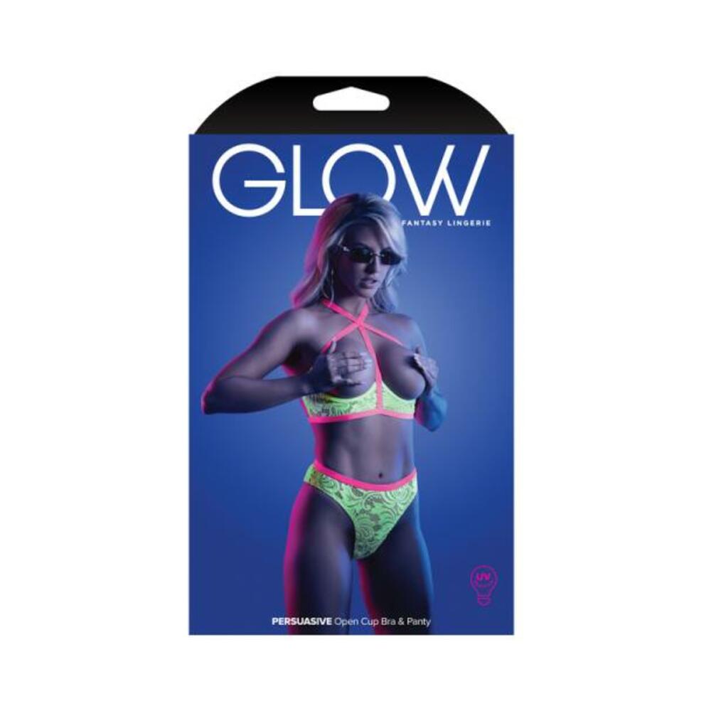 Fantasy Lingerie Glow Persuasive Contrast Elastic Open Cup Lace Cage Bra &amp; Panty Neon Green S/m