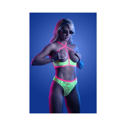 Fantasy Lingerie Glow Persuasive Contrast Elastic Open Cup Lace Cage Bra &amp; Panty Neon Green L/xl
