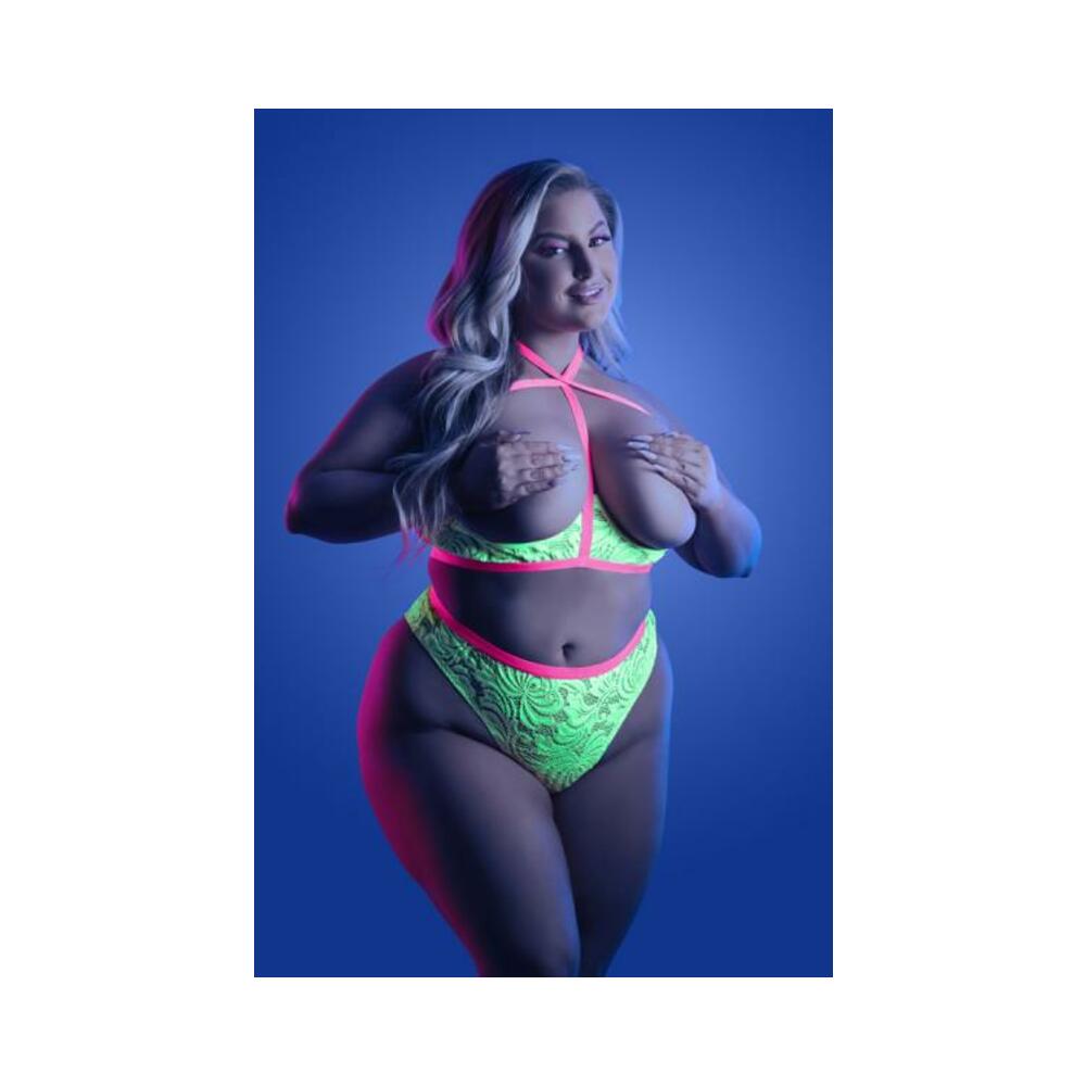 Fantasy Lingerie Glow Persuasive Contrast Elastic Open Cup Lace Cage Bra &amp; Panty Neon Green Queen Si